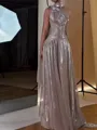 Fashion A-line One-Shoulder Pleated Floor-Length Metallic Satin Prom Dress