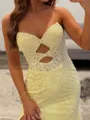 Hot Sheath Sweetheart Appliques Lace Sweep Train Tulle Prom Dress