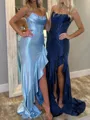 Elegant Sheath Straight Pleated Sweep Train Silk Like Satin Corset Prom Dress