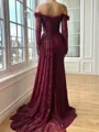 Gorgeous Sheath Off-the-Shoulder Long Sleeves Pleated Sweep Train Prom Dress