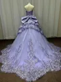 Show-stopping Ball-Gown Sweetheart Appliques Lace Chapel Train Tulle Corset Prom Dress