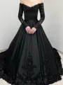 Captivating Ball-Gown Off-the-Shoulder Long Sleeves Appliques Lace Court Train Tulle Corset Prom Dress