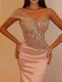 Extravagant Sheath One-Shoulder Beading Floor-Length Silk Like Satin Corset Prom Dress