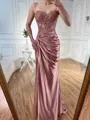 Fashion Sheath Spaghetti Straps Appliques Lace Sweep Train Silk Like Satin Corset Prom Dress