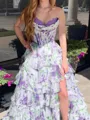 Glamorous A-line Sweetheart Cascading Ruffles Sweep Train Corset Prom Dress