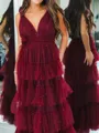 Luxurious A-line V-Neck Cascading Ruffles Floor-Length Tulle Prom Dress