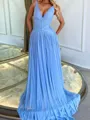 Unique A-line V-Neck Pleated Sweep Train Chiffon Corset Prom Dress