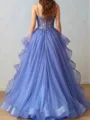 Striking A-line Spaghetti Straps Cascading Ruffles Sweep Train Tulle Corset Prom Dress