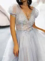 Magnificent A-line Illusion Appliques Lace Court Train Tulle Prom Dress