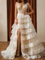 Extravagant A-line V-Neck Cascading Ruffles Sweep Train Tulle Prom Dress