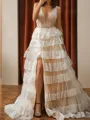 Extravagant A-line V-Neck Cascading Ruffles Sweep Train Tulle Prom Dress