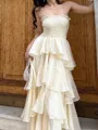 Hermosos A-line Straight Cascading Ruffles Sweep Train Prom Dress