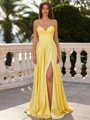Grand A-line Spaghetti Straps Ruffles Sweep Train Silk like Satin Corset Prom Dress