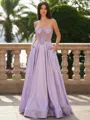 Breathtaking A-line Sweetheart Ruffles Sweep Train Satin Corset Prom Dress