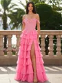 Gorgeous A-line Off-the-Shoulder Cascading Ruffles Sweep Train Chiffon Corset Prom Dress