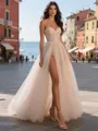 Striking A-line Sweetheart Ruffles Sweep Train Tulle Corset Prom Dress