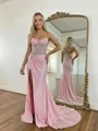 Dreamy Sheath Straight Pleated Court Train Silk Like Satin Corset Prom Dress