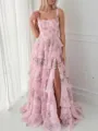 Pretty A-line Square Cascading Ruffles Sweep Train Corset Prom Dress