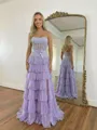 Charming A-line Straight Cascading Ruffles Sweep Train Chiffon Corset Prom Dress