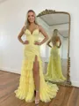 Exquisite Mermaid Spaghetti Straps Cascading Ruffles Sweep Train 30D Chiffon Corset Prom Dress
