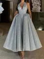 Unique A-line Halter Pleated Ankle-Length Corset Prom Dress