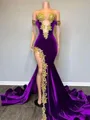 Charming Mermaid Illusion Appliques Lace Sweep Train Velvet Prom Dress