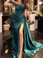 Luxurious Sheath Cold Shoulder Pleated Sweep Train Silk Like Satin Corset Prom Dress