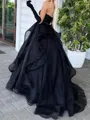 Extravagant A-line Sweetheart Ruffles Sweep Train Organza Corset Prom Dress