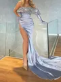 Classy Sheath One-Shoulder Beading Chapel Train Silk Like Satin Corset Prom Dress