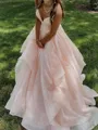 Glamorous A-line V-Neck Ruffles Sweep Train Corset Prom Dress