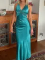 Slinky Sheath V-Neck Bow Sweep Train Silk Like Satin Prom Dress