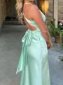 Slinky Sheath V-Neck Bow Sweep Train Silk Like Satin Prom Dress