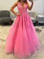 Delicate A-line V-Neck Appliques Lace Court Train Tulle Corset Prom Dress