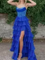 Dazzling A-line Straight Cascading Ruffles Sweep Train Chiffon Corset Prom Dress