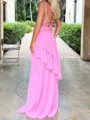 Clean-lined Sheath Spaghetti Straps Cascading Ruffles Sweep Train Chiffon Prom Dress