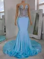 Seductive Mermaid V-Neck Rhinestone Chapel Train Jersey Corset Prom Dress