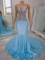 Seductive Mermaid V-Neck Rhinestone Chapel Train Jersey Corset Prom Dress