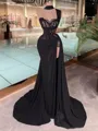 Form-fitting Sheath One-Shoulder Appliques Lace Sweep Train Satin Chiffon Corset Prom Dress