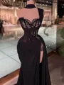 Form-fitting Sheath One-Shoulder Appliques Lace Sweep Train Satin Chiffon Corset Prom Dress