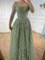 Sophisticated A-line Square Long Sleeves Appliques Lace Floor-Length Lace Prom Dress