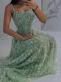 Flowing A-line Spaghetti Straps Appliques Lace Sweep Train Lace Prom Dress