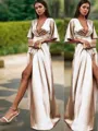 Sheath/Column V-Neck Tight 1/2 Sleeves Floor-Length Silk like Satin Evening Dress With Slit