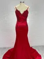 Bodycon Sheath/Column Spaghetti Straps Sleeveless Sweep Train Silk like Satin Evening Dress With Applique
