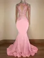Trumpet/Mermaid High Neck Long Sleeves Sweep Train Dramatic Open Back Jersey Evening Dress With Applique