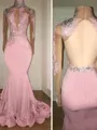 Trumpet/Mermaid High Neck Long Sleeves Sweep Train Dramatic Open Back Jersey Evening Dress With Applique