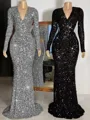 Sheath/Column V-Neck Long Sleeves Sweep Train Velvet Sequins Shimmery Evening Dress
