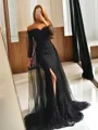 Alluring Trumpet/Mermaid Off-the-Shoulder Long Sleeves Sweep Train Tulle Evening Dress With Slit
