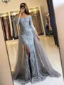 Alluring Trumpet/Mermaid Off-the-Shoulder Long Sleeves Sweep Train Tulle Evening Dress With Slit