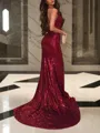 Glimmering Trumpet/Mermaid V-Neck Sleeveless Court Train Sequins Evening Dress With Slit