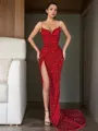 Sheath/Column V-Neck Sleeveless Sweep Train Velvet Sequins Twinkling Corset Evening Dress With Slit